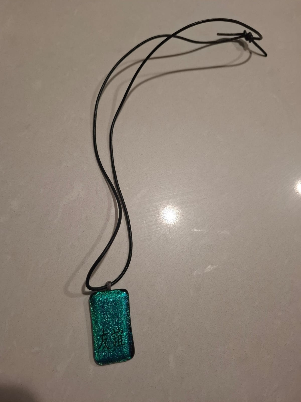 Dichroic Teal Glass Pendant Necklace on Black Cord Sterling Silver Hock